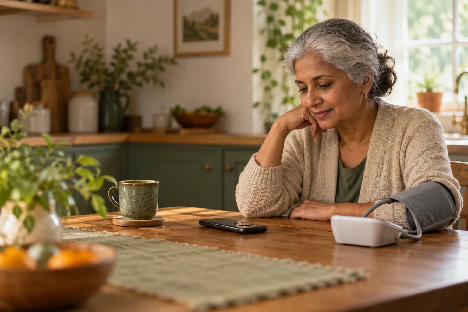 Illustrative scene of a woman connecting with care from home