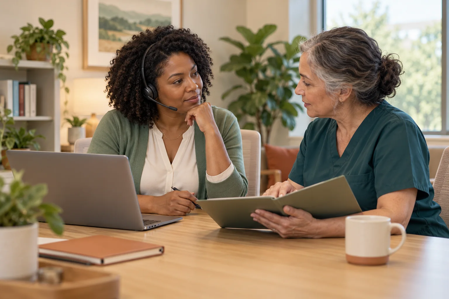 Illustrative care navigator and clinical supervisor reviewing follow-up together
