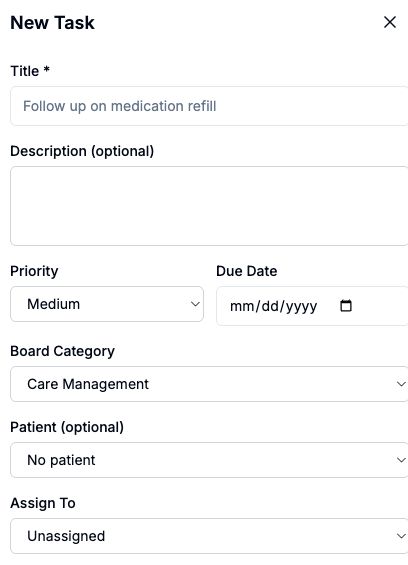 Actual blank Amana task form showing priority, due date, category, optional patient linkage and assignment